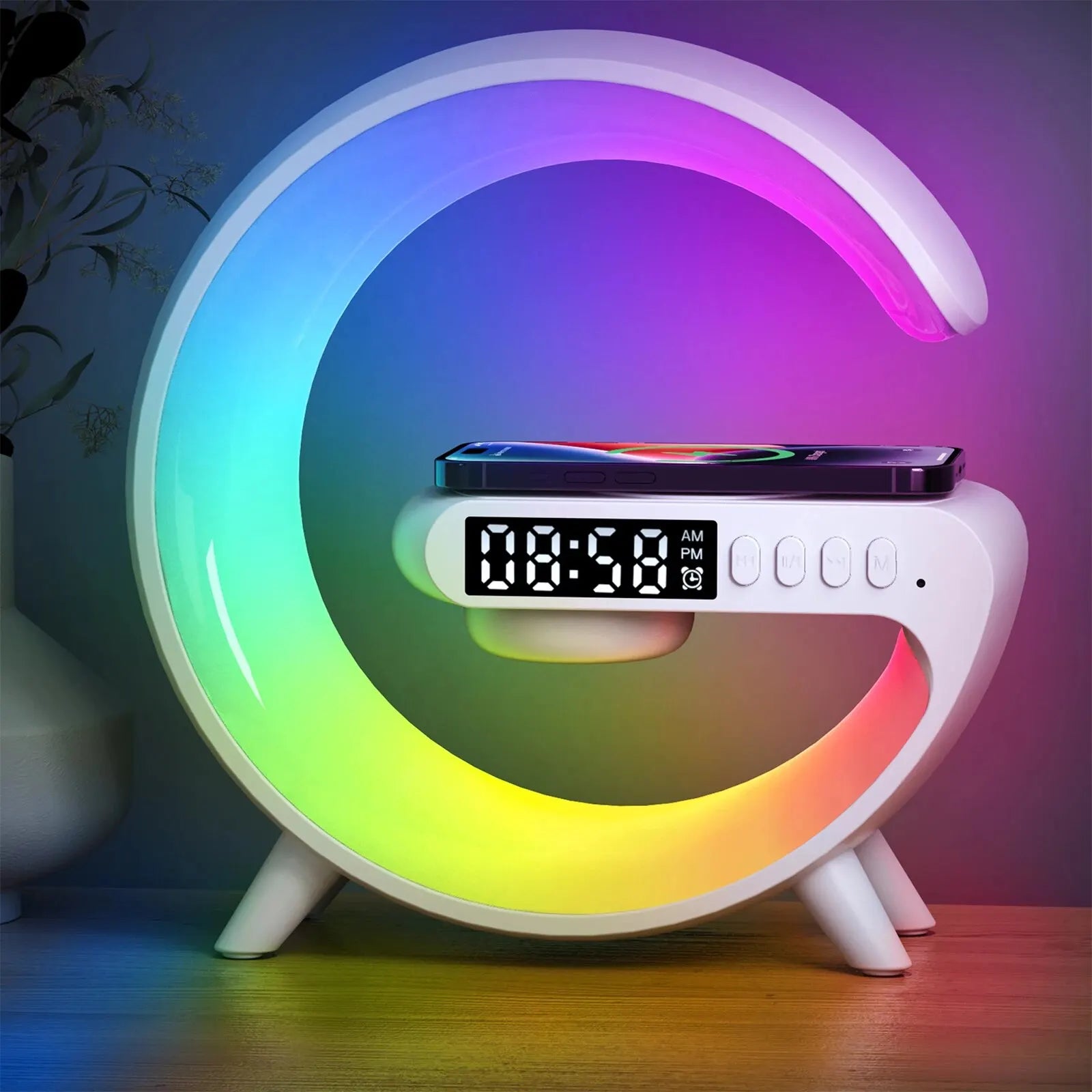 LED Smart Wake-Up Light – RGB Night Lamp with Wireless Speaker & 15W Fast Wireless Charger