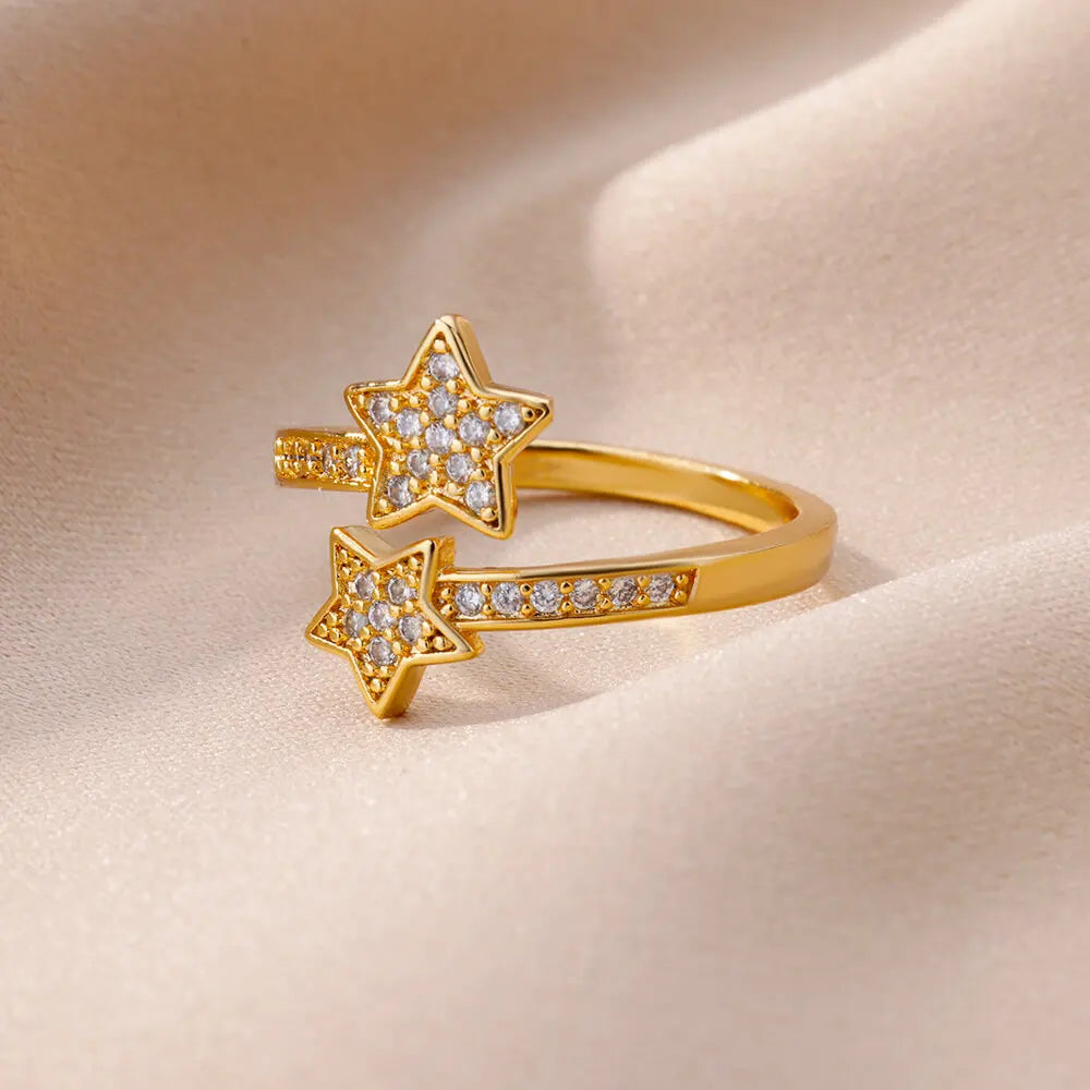 Double Star Zircon Ring – Adjustable Gold Plated Ring for Women