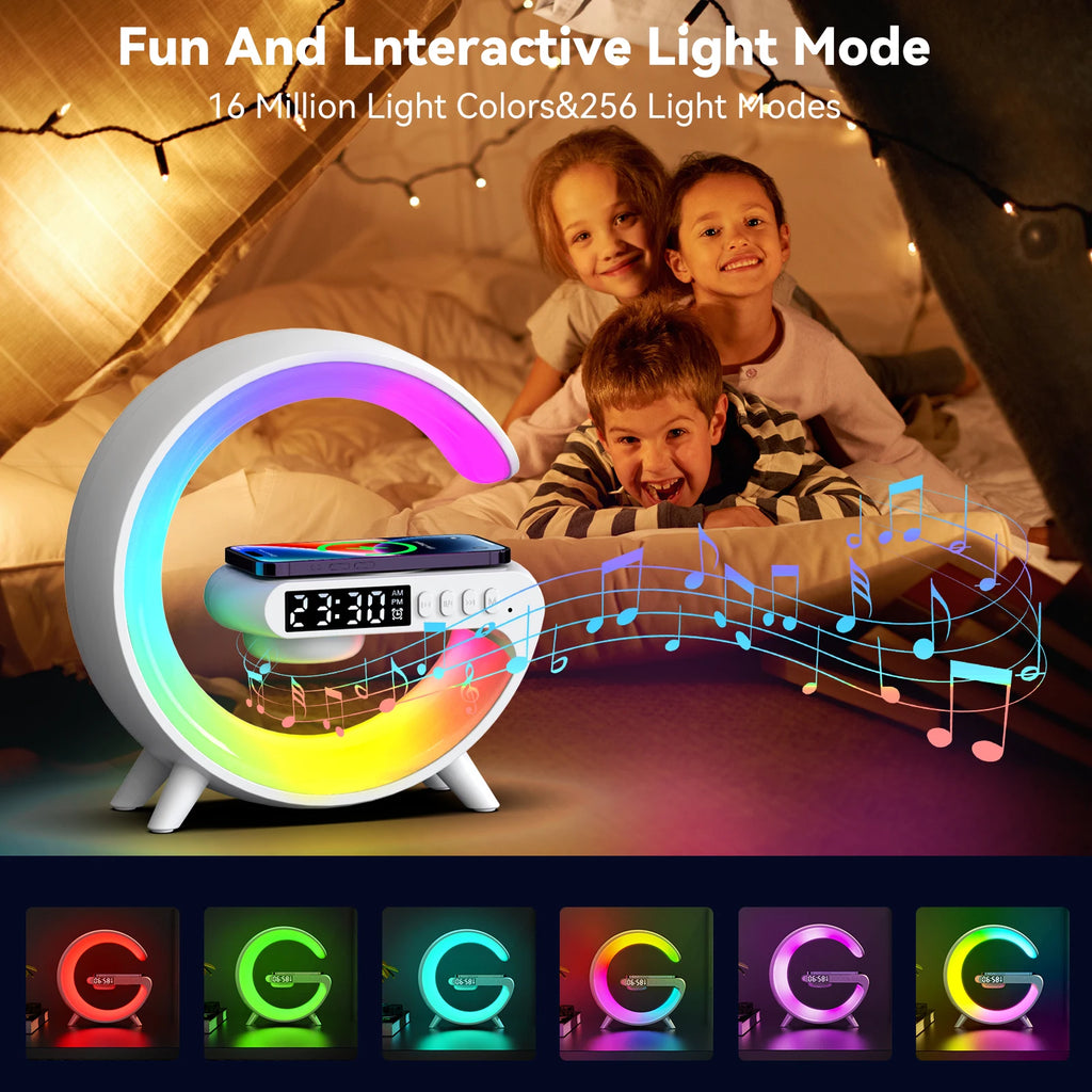 LED Smart Wake-Up Light – RGB Night Lamp with Wireless Speaker & 15W Fast Wireless Charger
