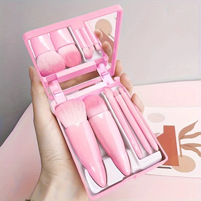 5-Piece Travel Makeup Brush Set with Mirror – Portable Cosmetic Kit