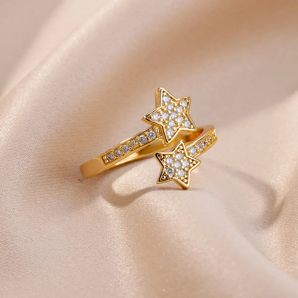 Double Star Zircon Ring – Adjustable Gold Plated Ring for Women