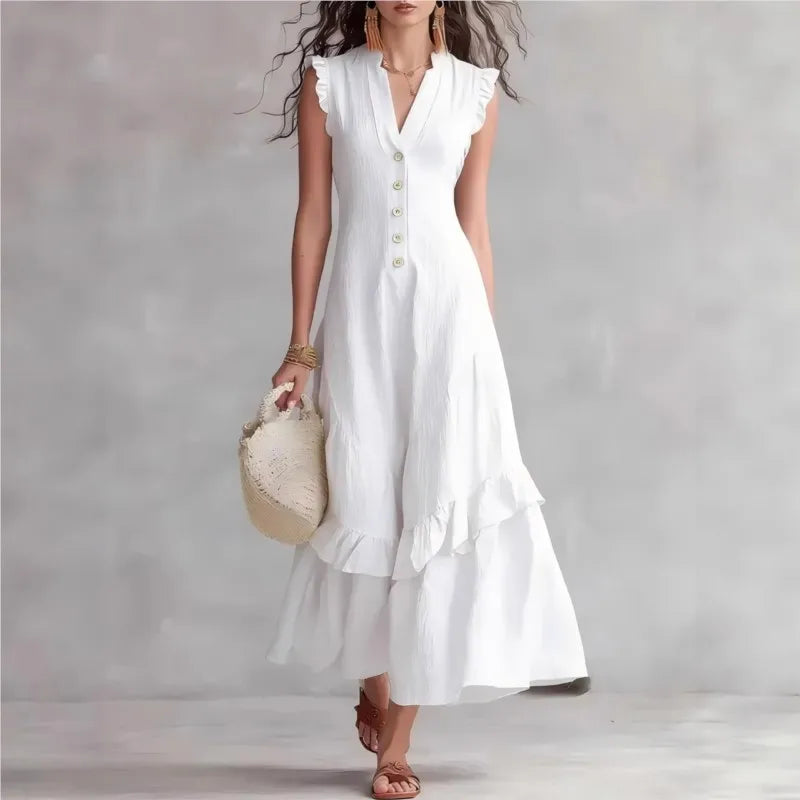 Elegant Ruffle Midi Dress – Casual Button Front Summer Dress for Women
