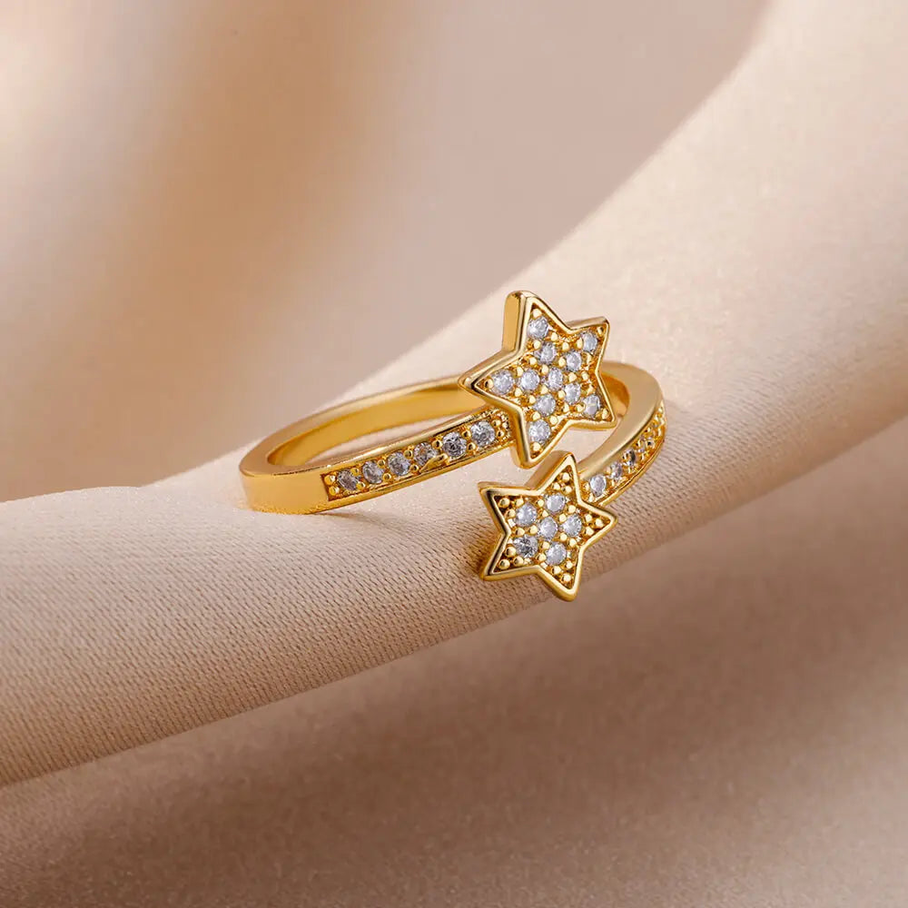 Double Star Zircon Ring – Adjustable Gold Plated Ring for Women