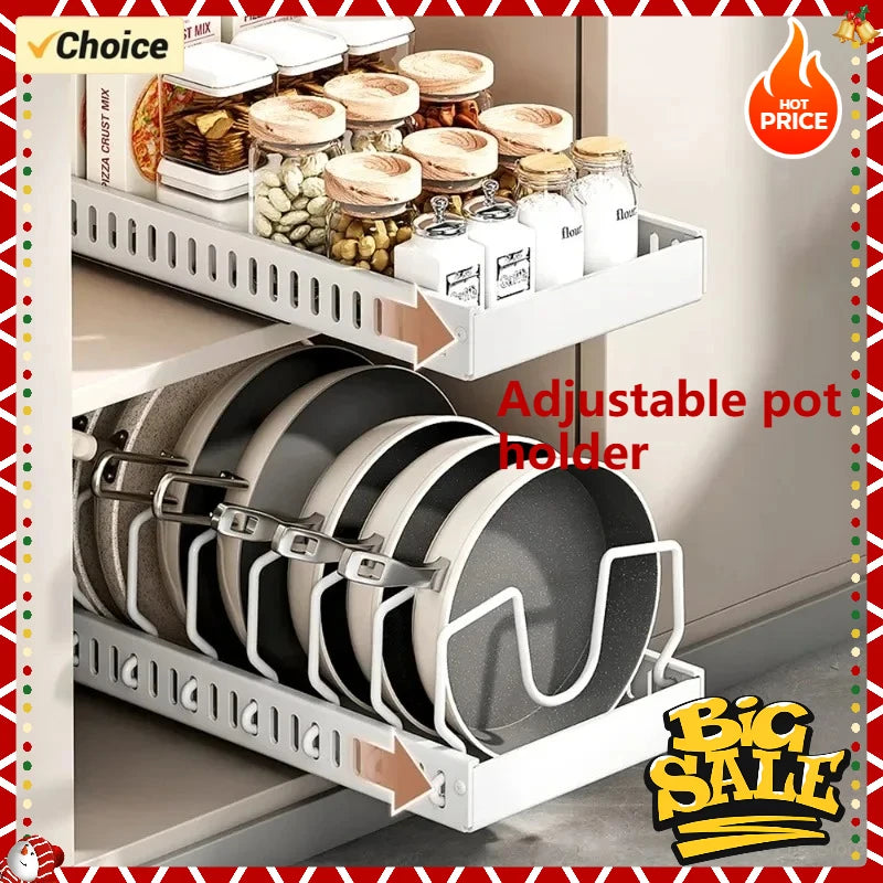 Pull-Out Kitchen Organizer for Pots & Pans – Adjustable Lid & Dish Rack Storage