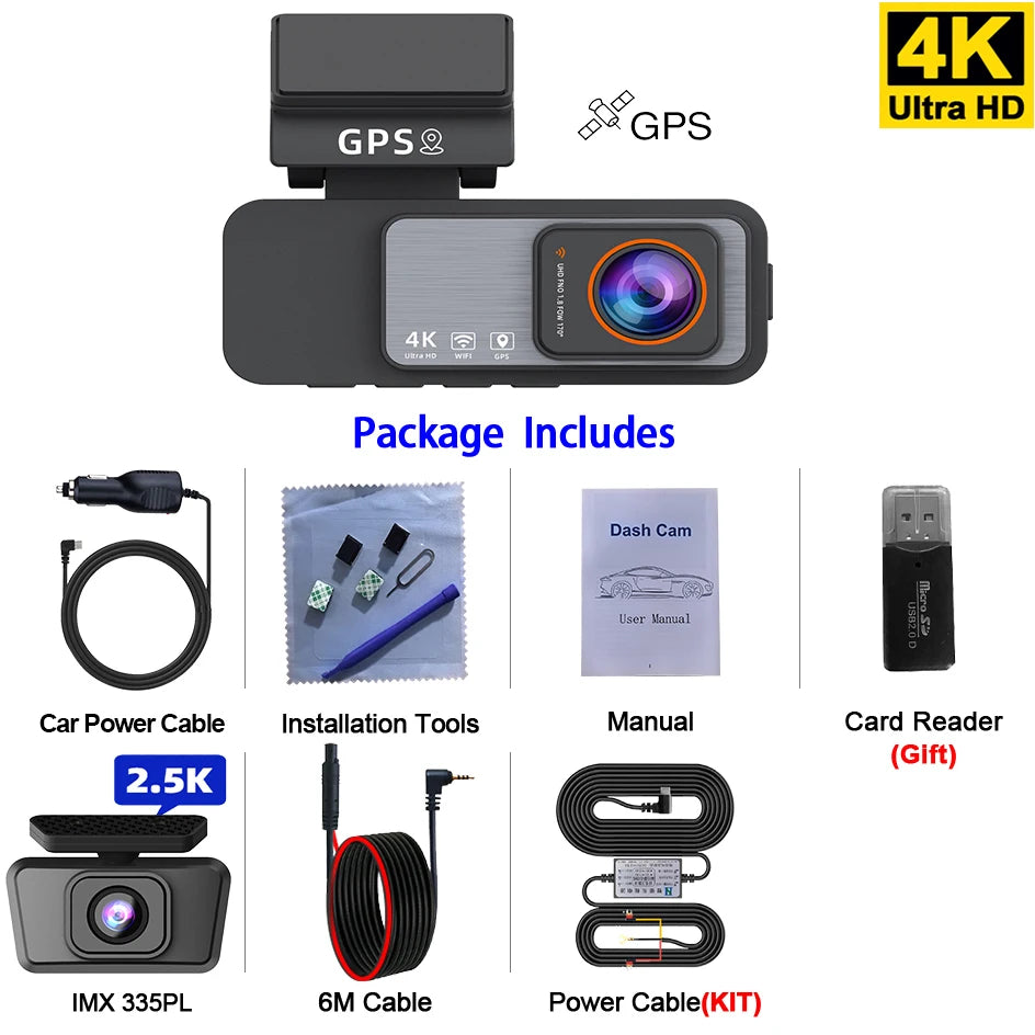 4K UHD Dash Cam with GPS & WiFi – Car DVR Camera, Night Vision, IPS Display & Loop Recording