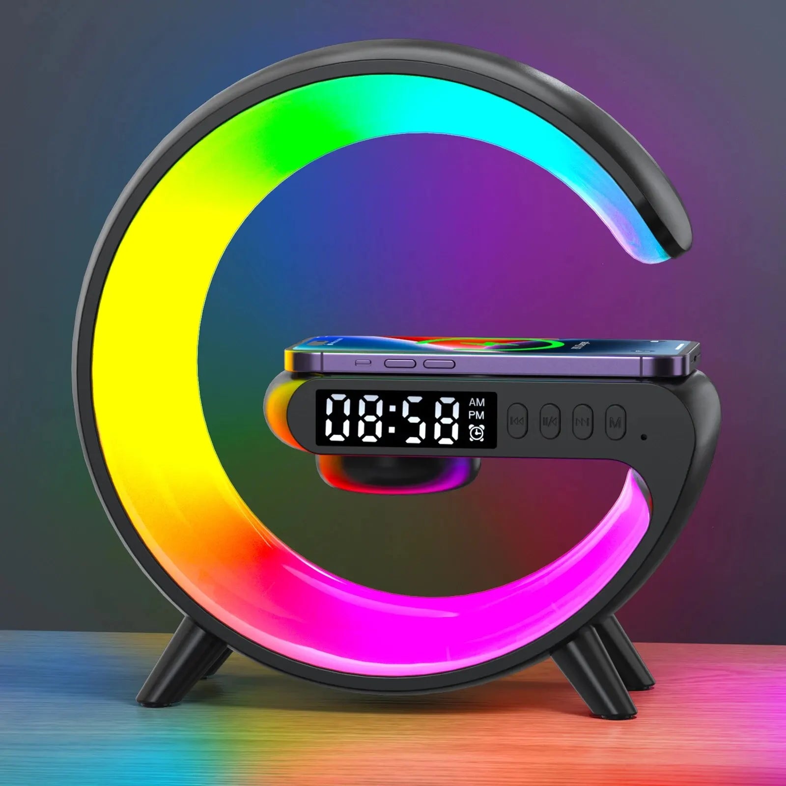 LED Smart Wake-Up Light – RGB Night Lamp with Wireless Speaker & 15W Fast Wireless Charger