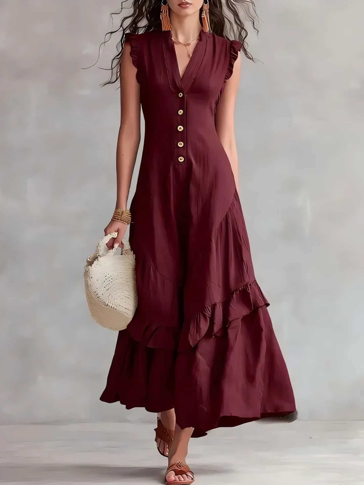 Elegant Ruffle Midi Dress – Casual Button Front Summer Dress for Women