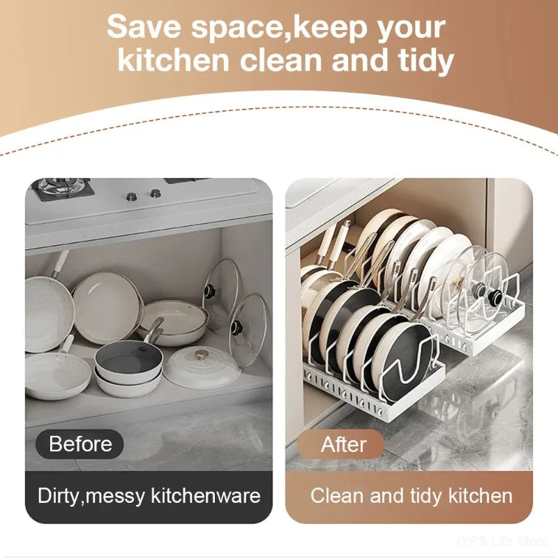 Pull-Out Kitchen Organizer for Pots & Pans – Adjustable Lid & Dish Rack Storage