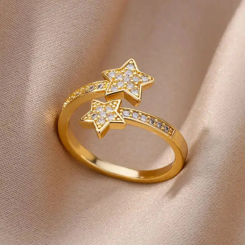 Double Star Zircon Ring – Adjustable Gold Plated Ring for Women