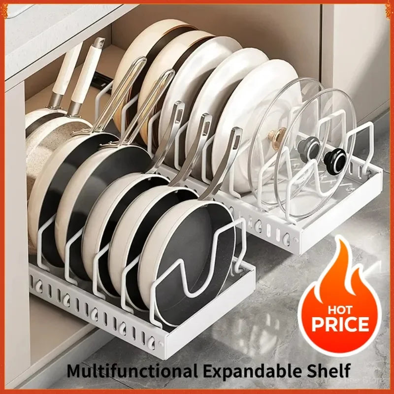 Pull-Out Kitchen Organizer for Pots & Pans – Adjustable Lid & Dish Rack Storage