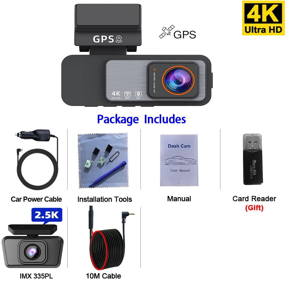 4K UHD Dash Cam with GPS & WiFi – Car DVR Camera, Night Vision, IPS Display & Loop Recording