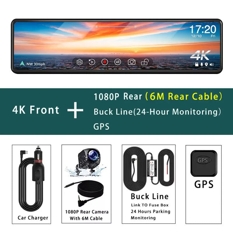 11.26" 4K UHD Smart Mirror Dash Cam with GPS & WiFi
