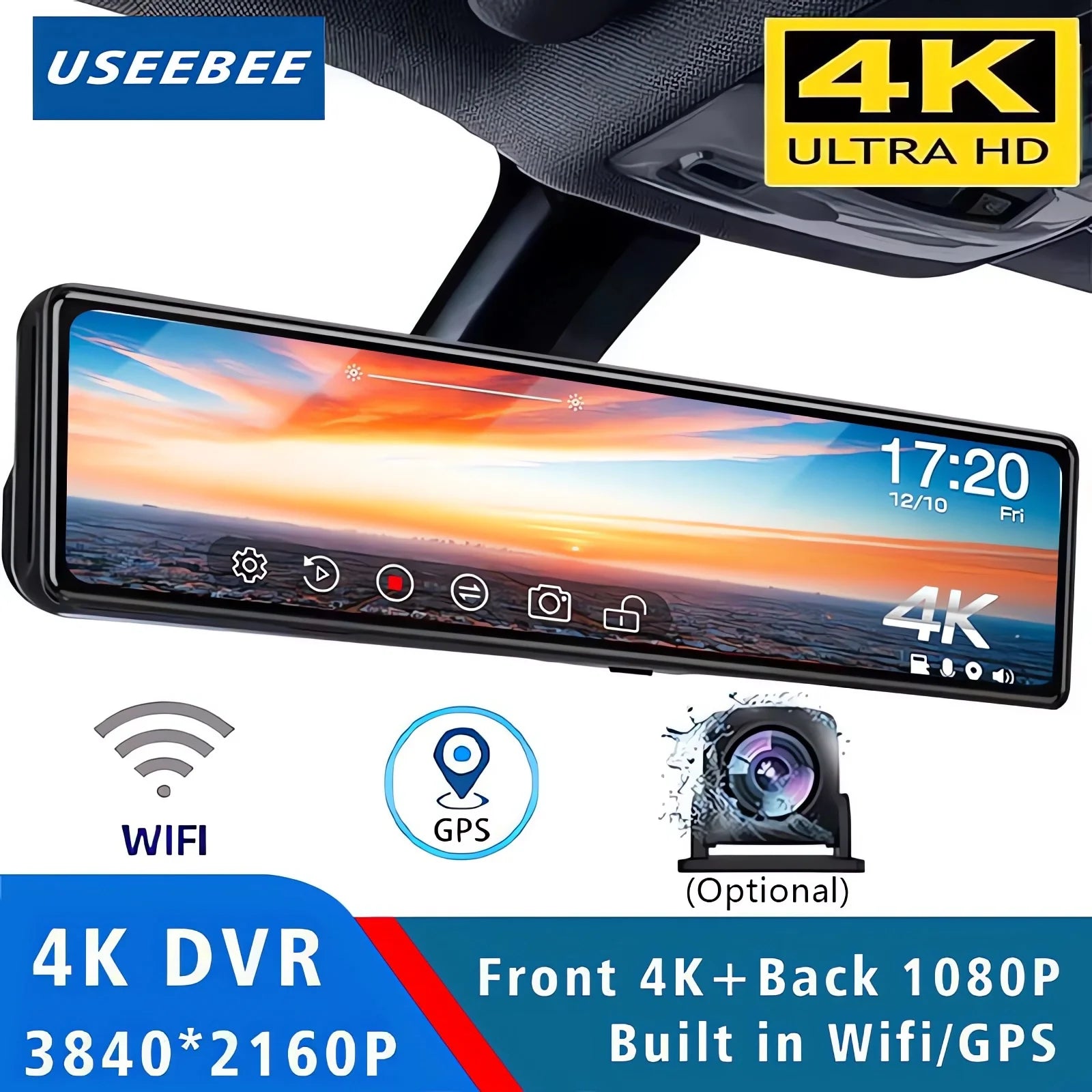 11.26" 4K UHD Smart Mirror Dash Cam with GPS & WiFi