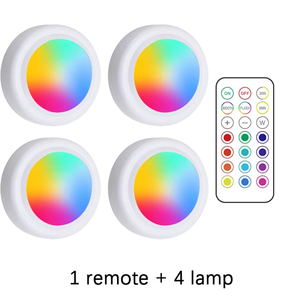 RGB Wireless Under Cabinet LED Lights with Remote – Battery Powered Dimmable Closet Lights