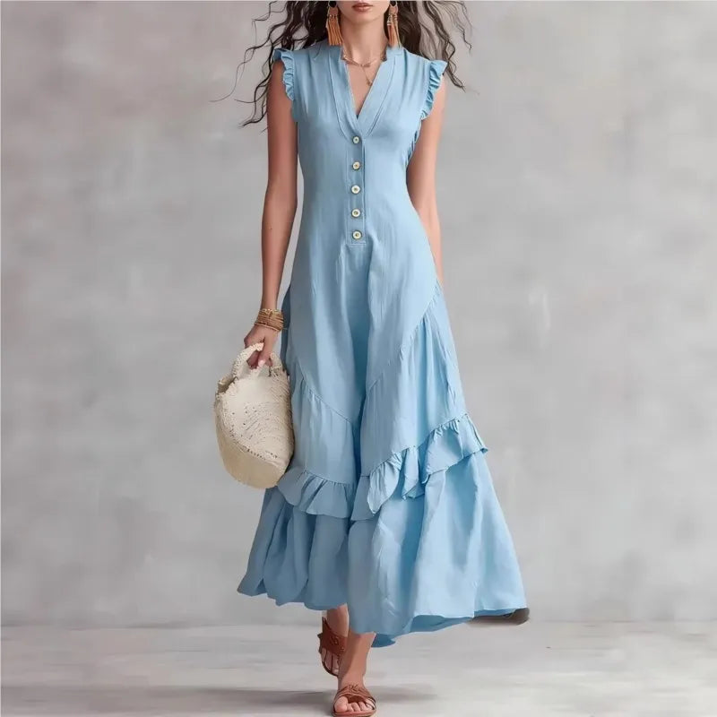 Elegant Ruffle Midi Dress – Casual Button Front Summer Dress for Women