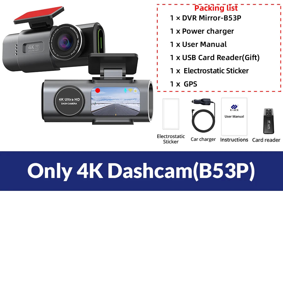 4K WiFi GPS Dash Cam with Optional Rear Camera – Ultra HD Car DVR, Night Vision & 24H Parking Monitor