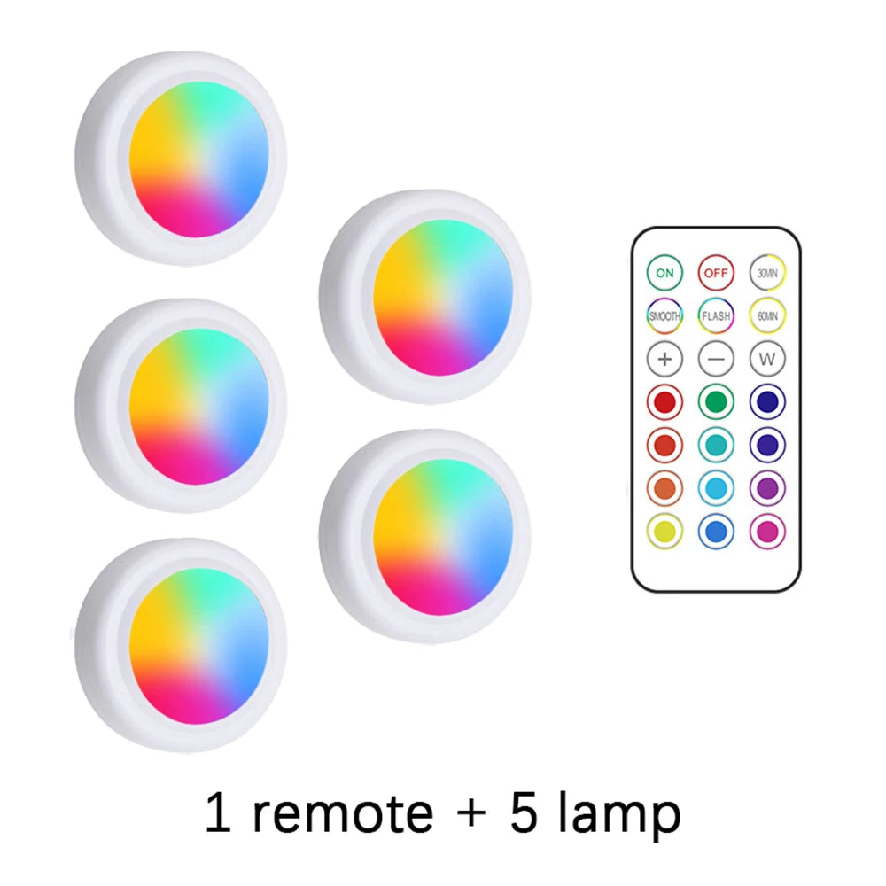 RGB Wireless Under Cabinet LED Lights with Remote – Battery Powered Dimmable Closet Lights