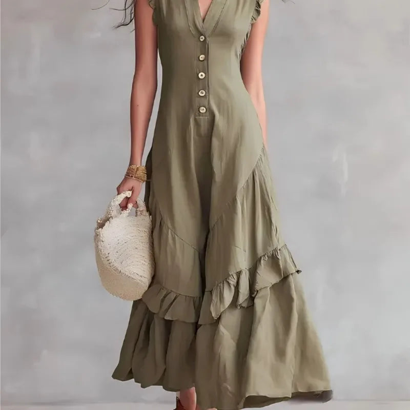 Elegant Ruffle Midi Dress – Casual Button Front Summer Dress for Women