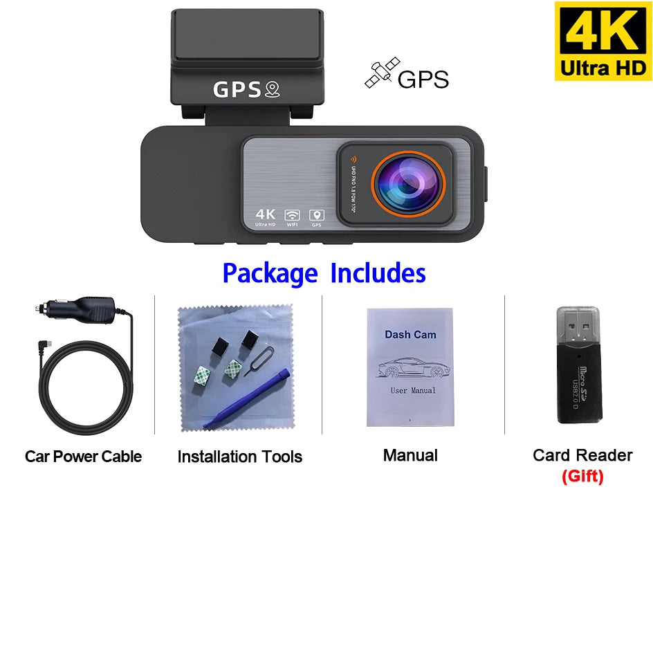 4K UHD Dash Cam with GPS & WiFi – Car DVR Camera, Night Vision, IPS Display & Loop Recording