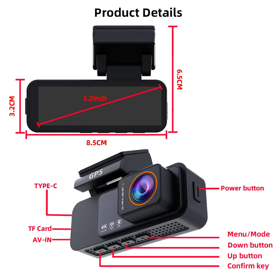 4K UHD Dash Cam with GPS & WiFi – Car DVR Camera, Night Vision, IPS Display & Loop Recording