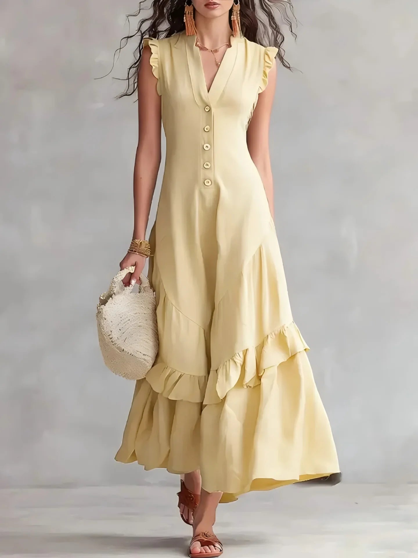 Elegant Ruffle Midi Dress – Casual Button Front Summer Dress for Women
