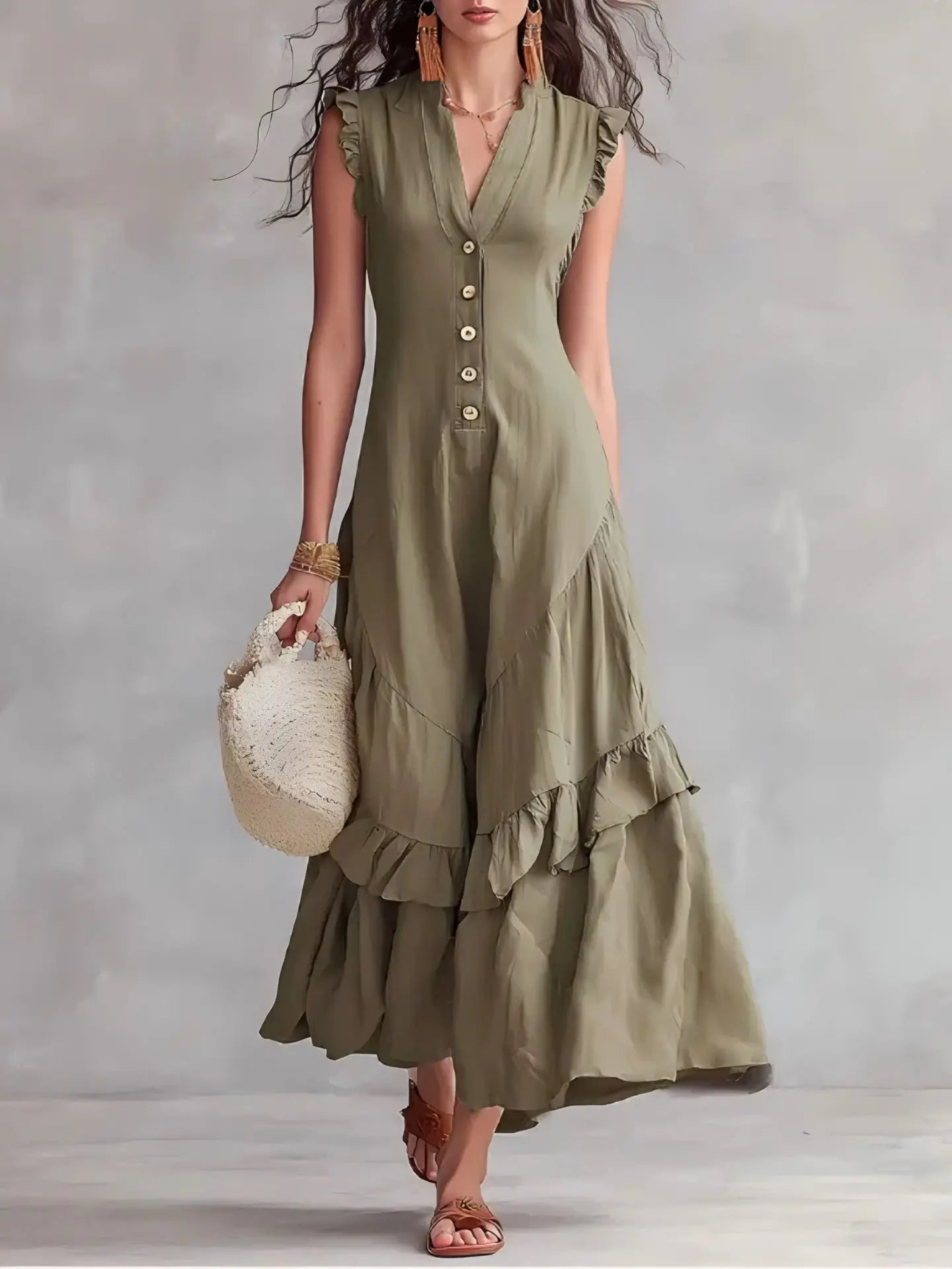 Elegant Ruffle Midi Dress – Casual Button Front Summer Dress for Women