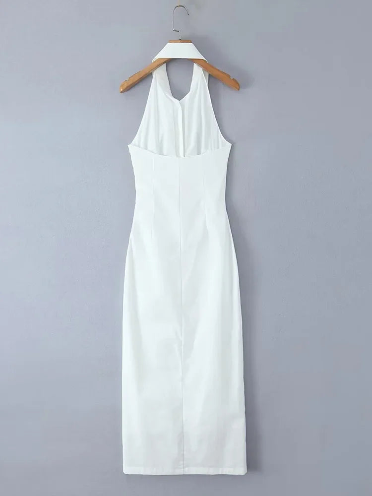 Elegant White Cotton Linen Midi Dress for Women