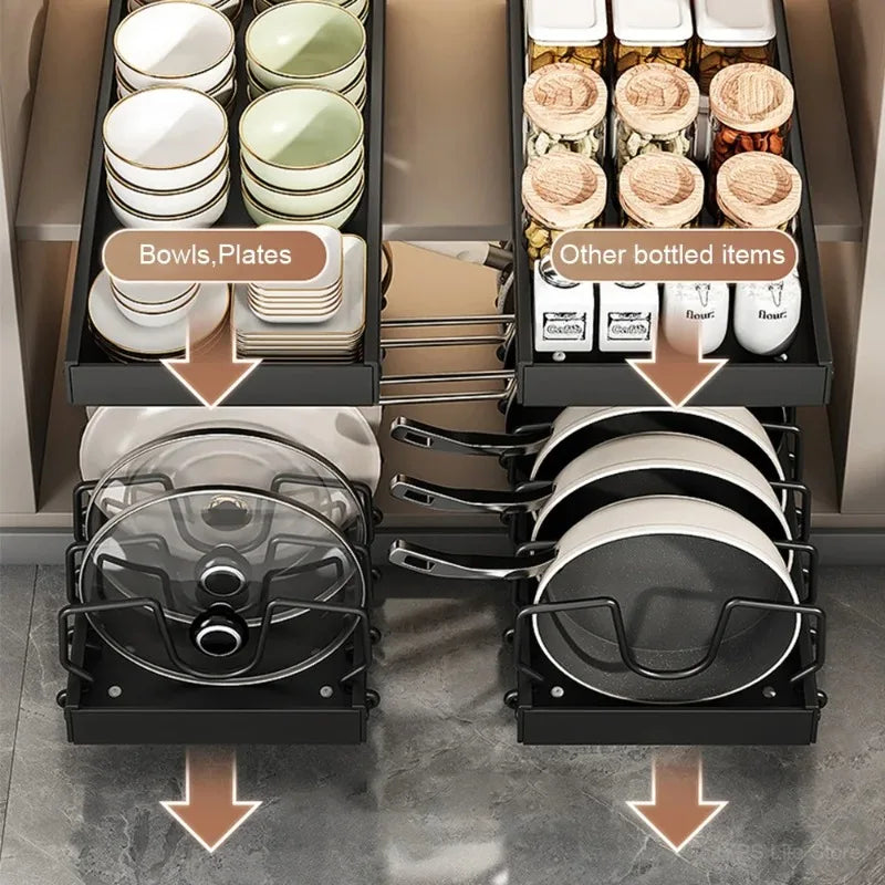 Pull-Out Kitchen Organizer for Pots & Pans – Adjustable Lid & Dish Rack Storage