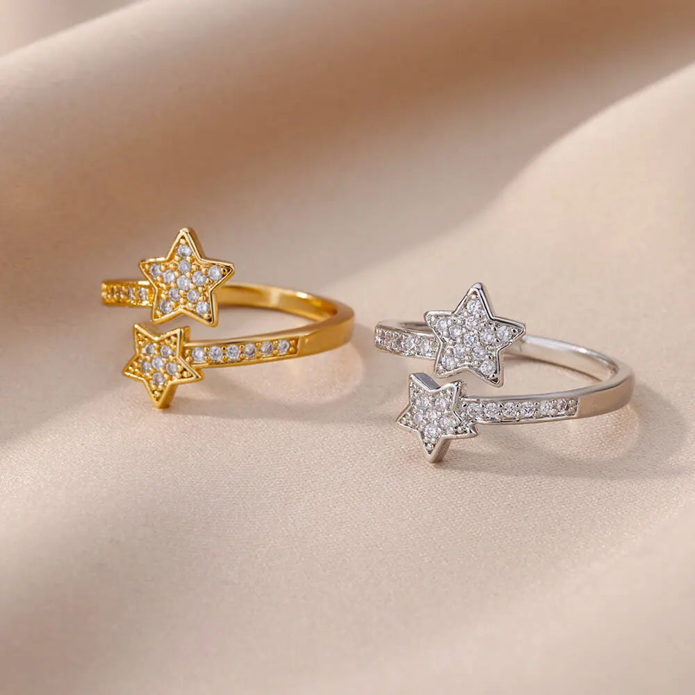 Double Star Zircon Ring – Adjustable Gold Plated Ring for Women