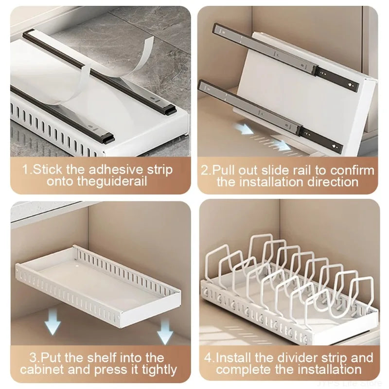 Pull-Out Kitchen Organizer for Pots & Pans – Adjustable Lid & Dish Rack Storage