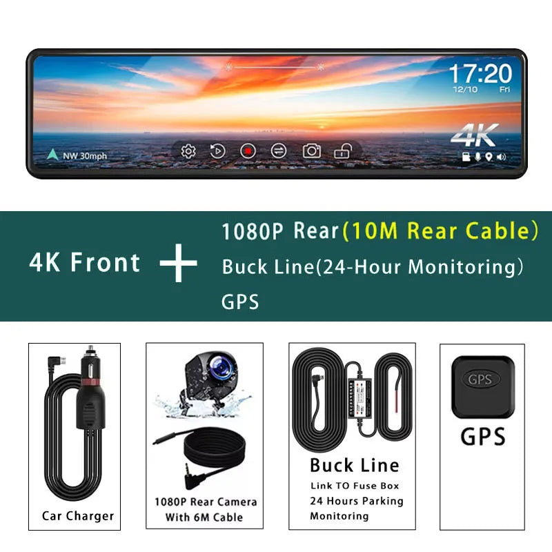 11.26" 4K UHD Smart Mirror Dash Cam with GPS & WiFi