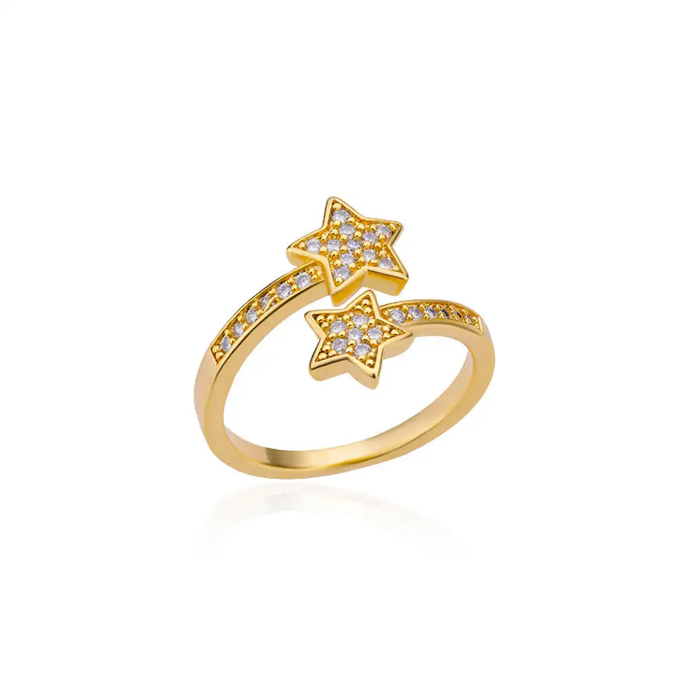Double Star Zircon Ring – Adjustable Gold Plated Ring for Women