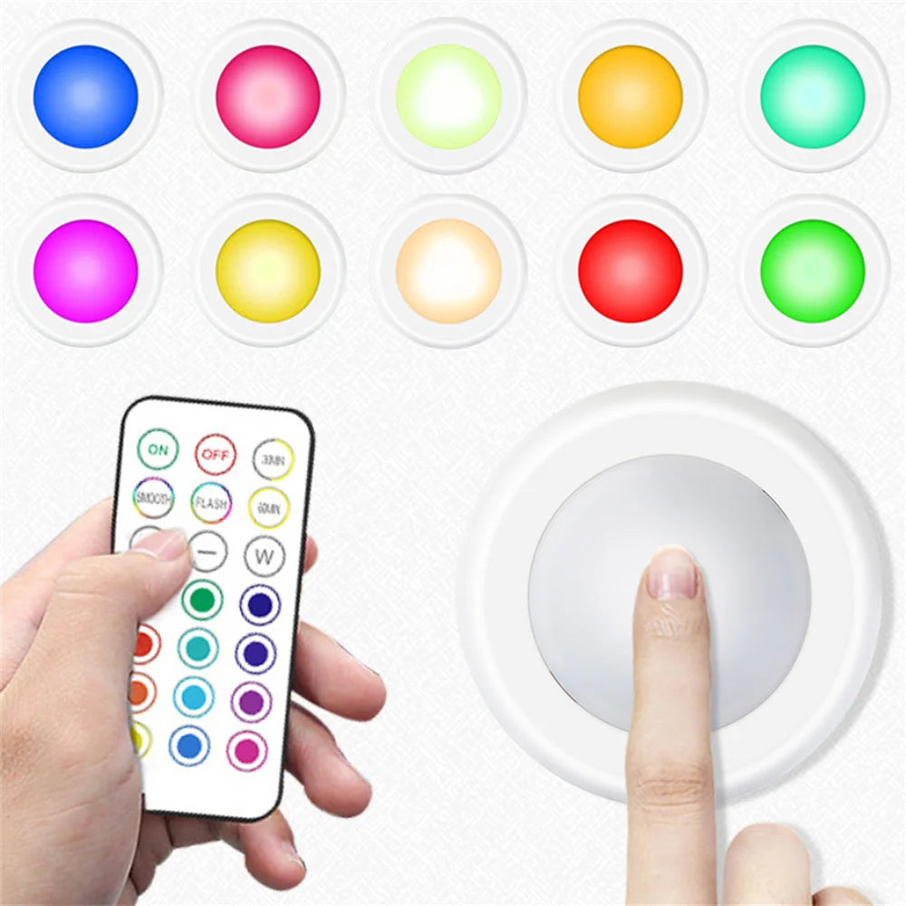 RGB Wireless Under Cabinet LED Lights with Remote – Battery Powered Dimmable Closet Lights