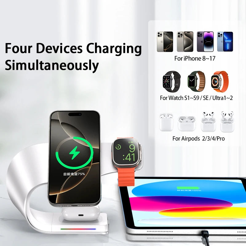 15W Magnetic Wireless Charging Station – 4-in-1 Fast Charger for iPhone, Apple Watch & AirPods
