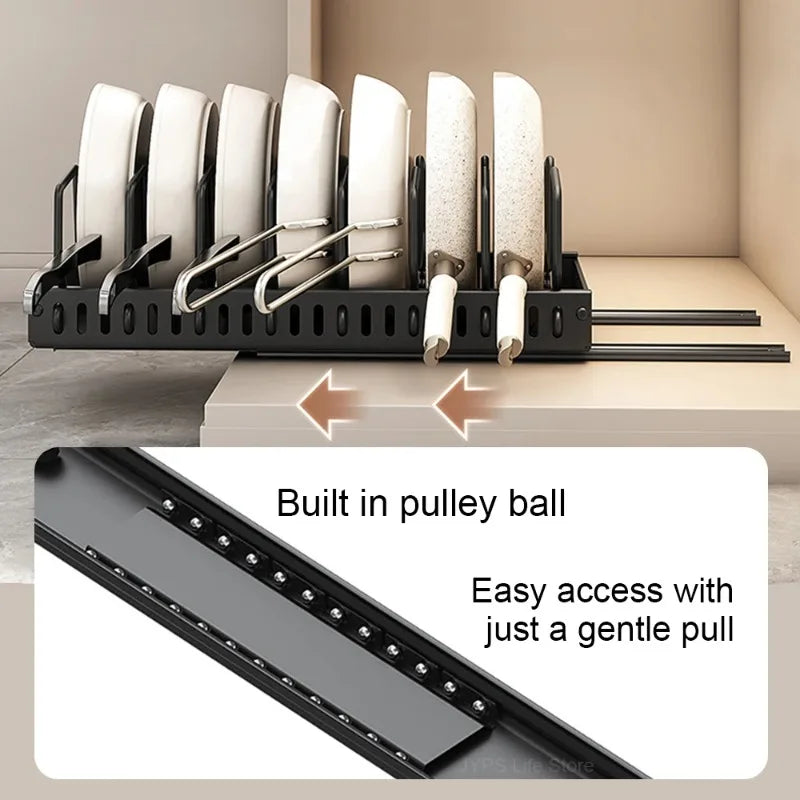 Pull-Out Kitchen Organizer for Pots & Pans – Adjustable Lid & Dish Rack Storage