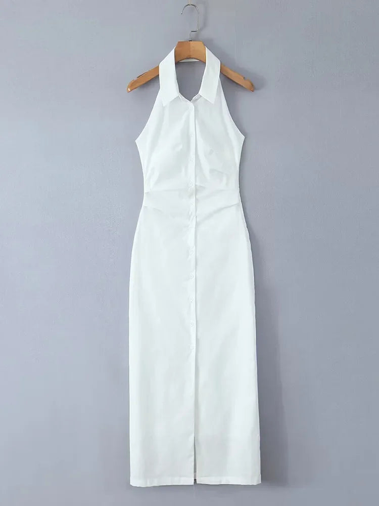 Elegant White Cotton Linen Midi Dress for Women