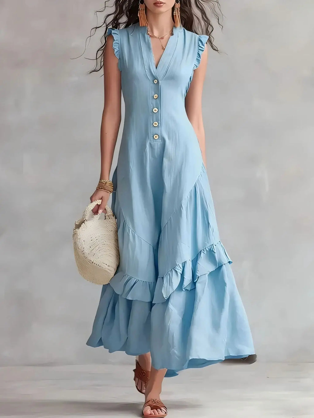Elegant Ruffle Midi Dress – Casual Button Front Summer Dress for Women