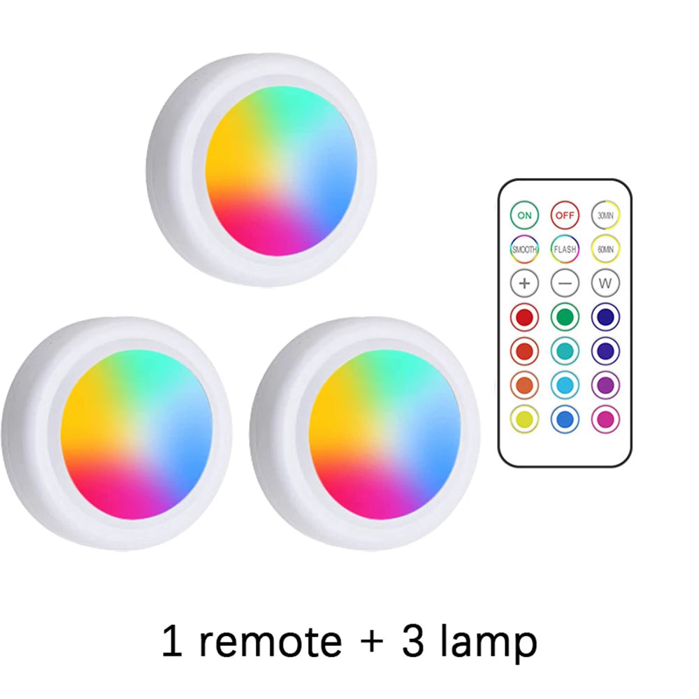 RGB Wireless Under Cabinet LED Lights with Remote – Battery Powered Dimmable Closet Lights