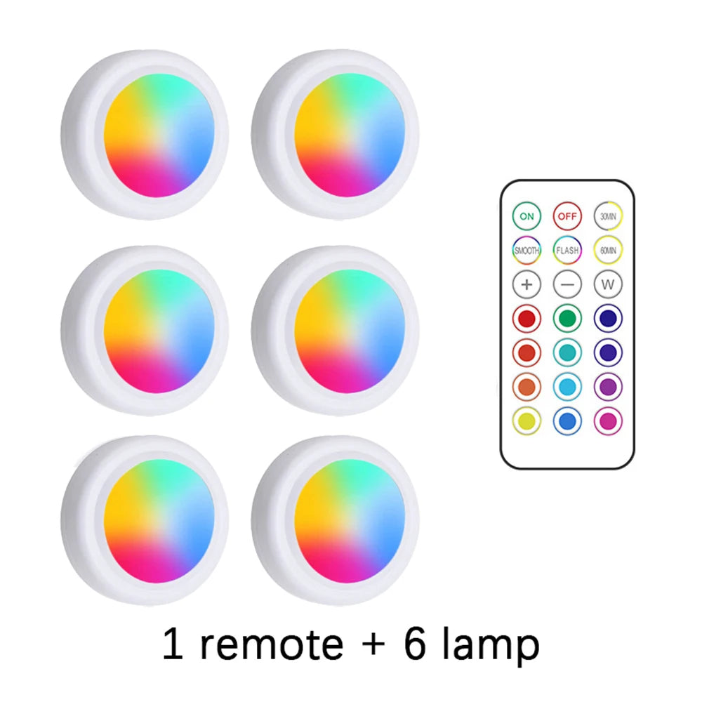 RGB Wireless Under Cabinet LED Lights with Remote – Battery Powered Dimmable Closet Lights