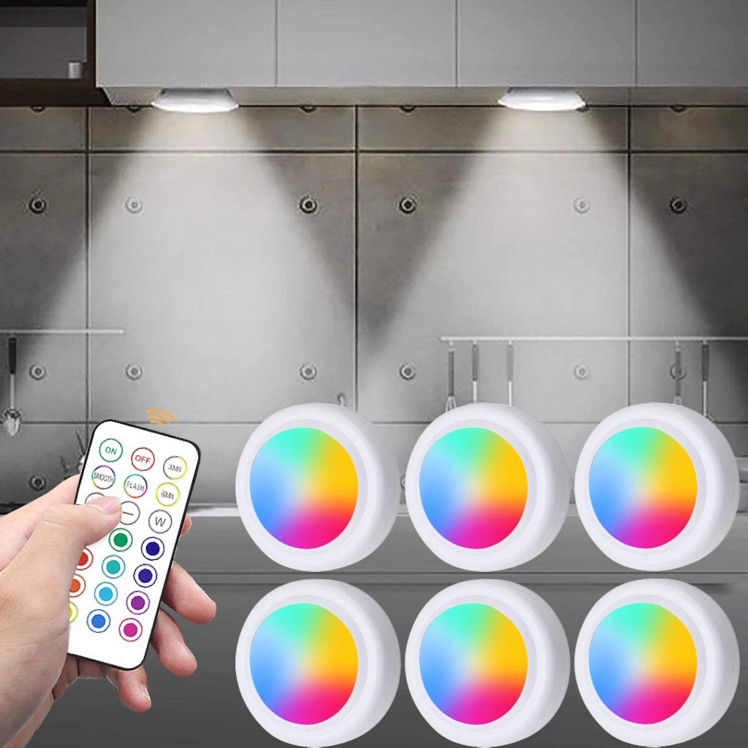 RGB Wireless Under Cabinet LED Lights with Remote – Battery Powered Dimmable Closet Lights