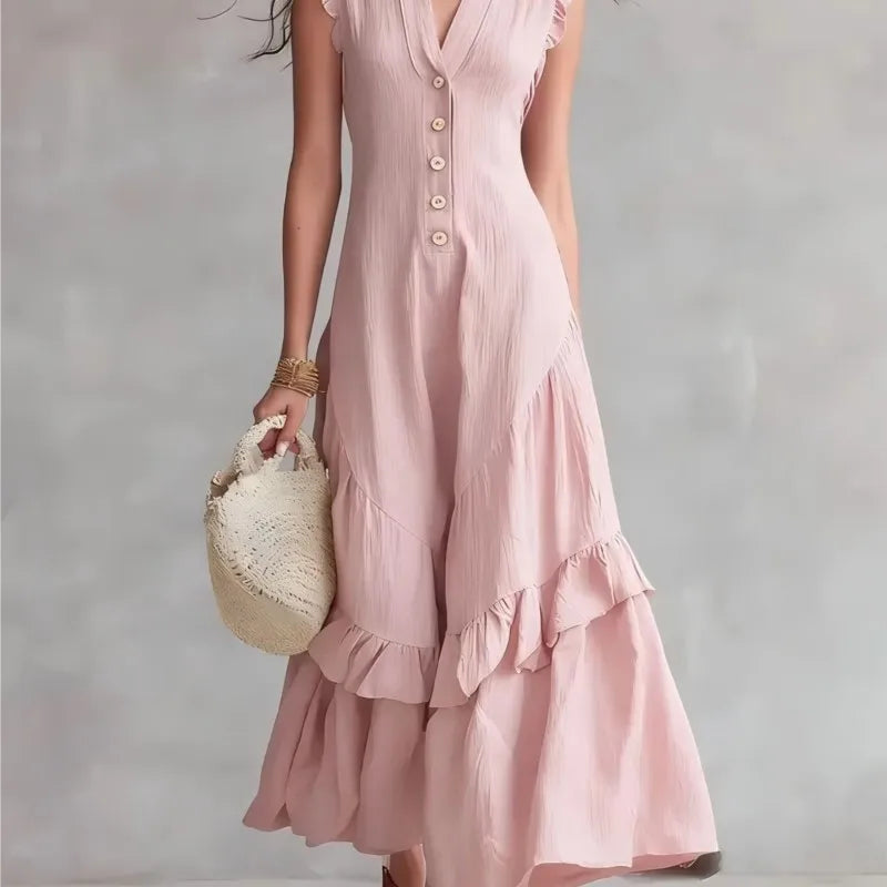 Elegant Ruffle Midi Dress – Casual Button Front Summer Dress for Women