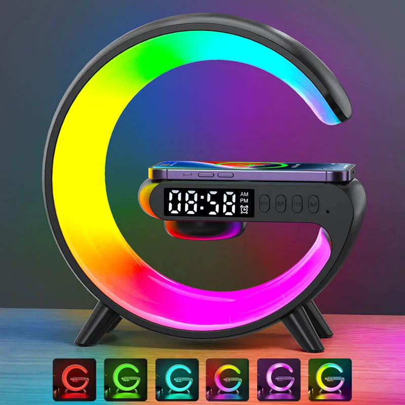 LED Smart Wake-Up Light – RGB Night Lamp with Wireless Speaker & 15W Fast Wireless Charger