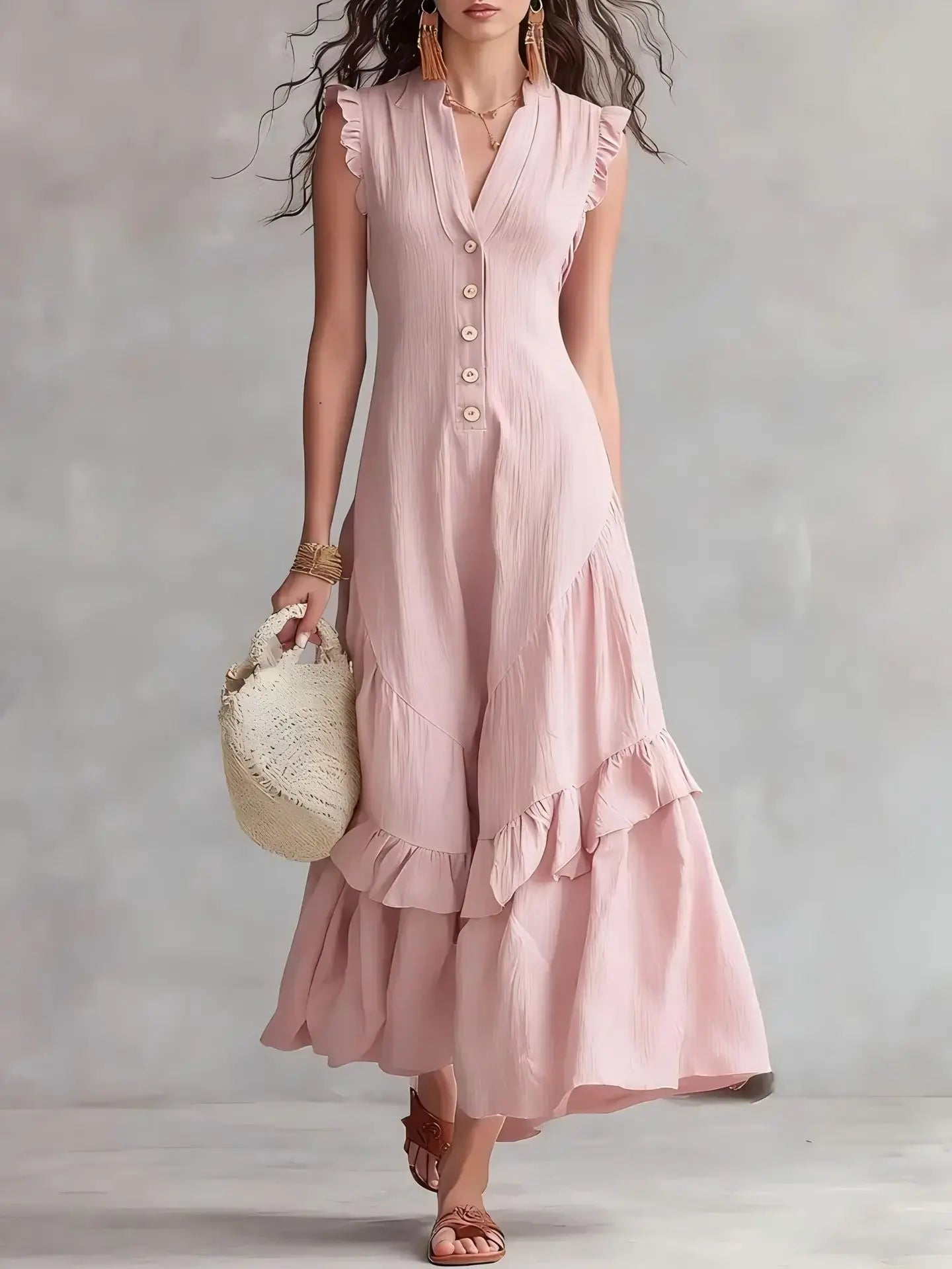 Elegant Ruffle Midi Dress – Casual Button Front Summer Dress for Women