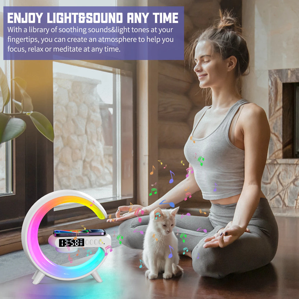 LED Smart Wake-Up Light – RGB Night Lamp with Wireless Speaker & 15W Fast Wireless Charger