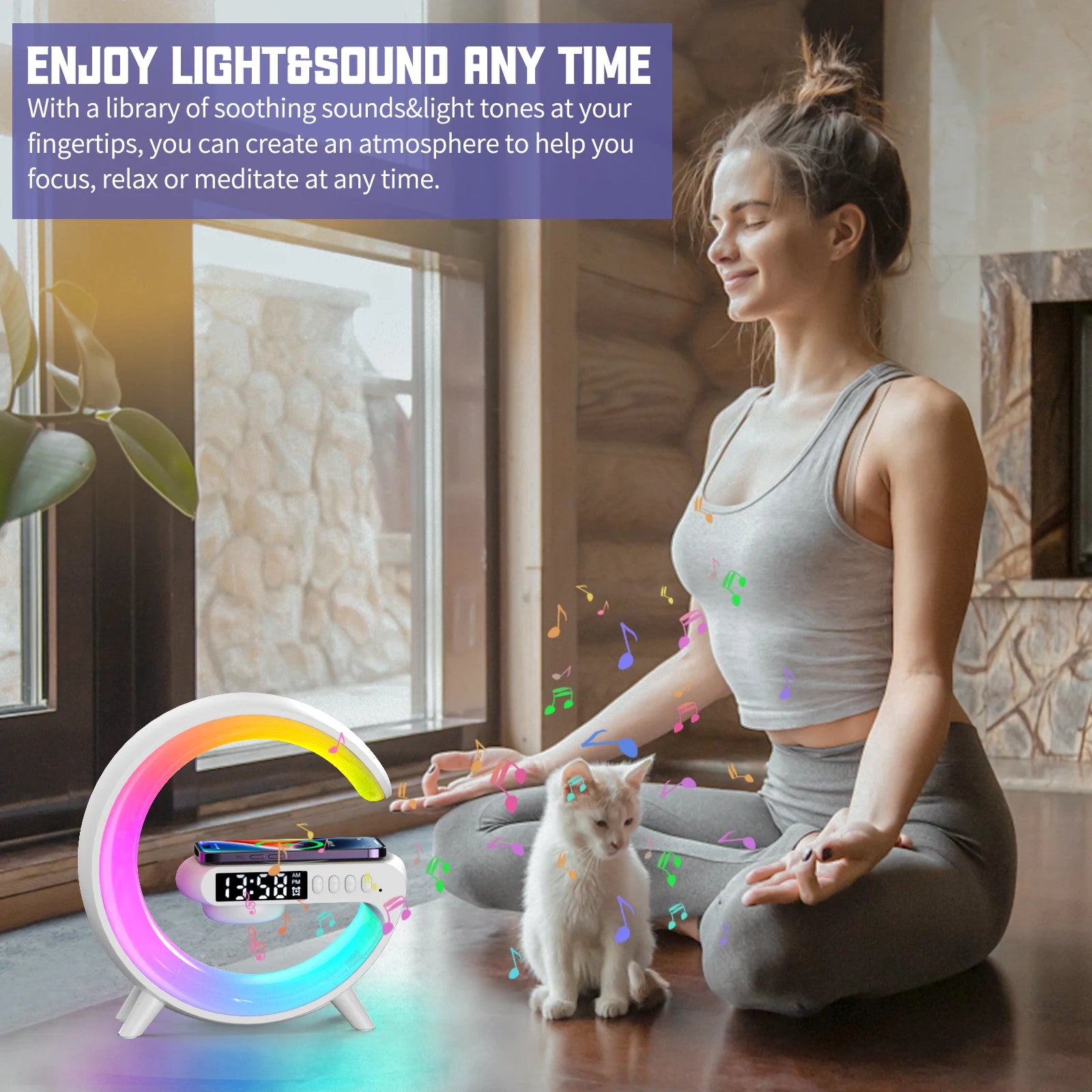 LED Smart Wake-Up Light – RGB Night Lamp with Wireless Speaker & 15W Fast Wireless Charger
