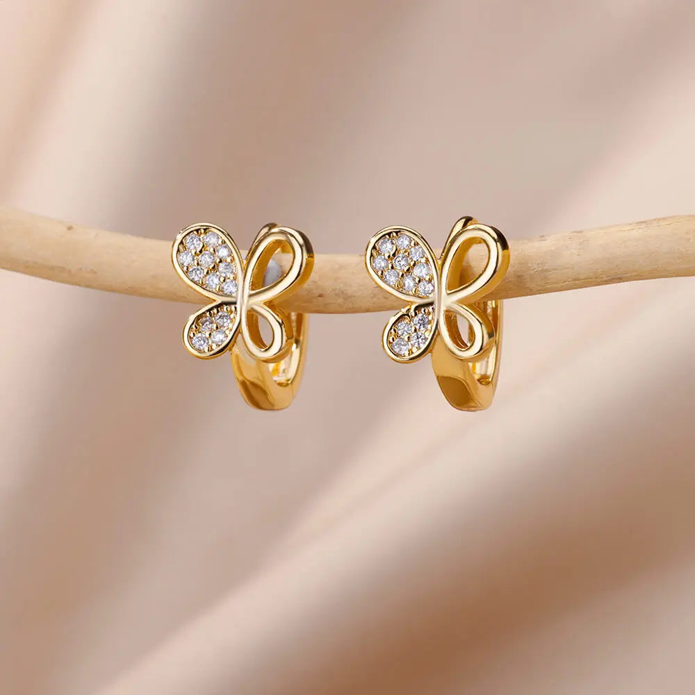 Rabbit & Butterfly Hoop Earrings – Gold Plated Stainless Steel Earrings