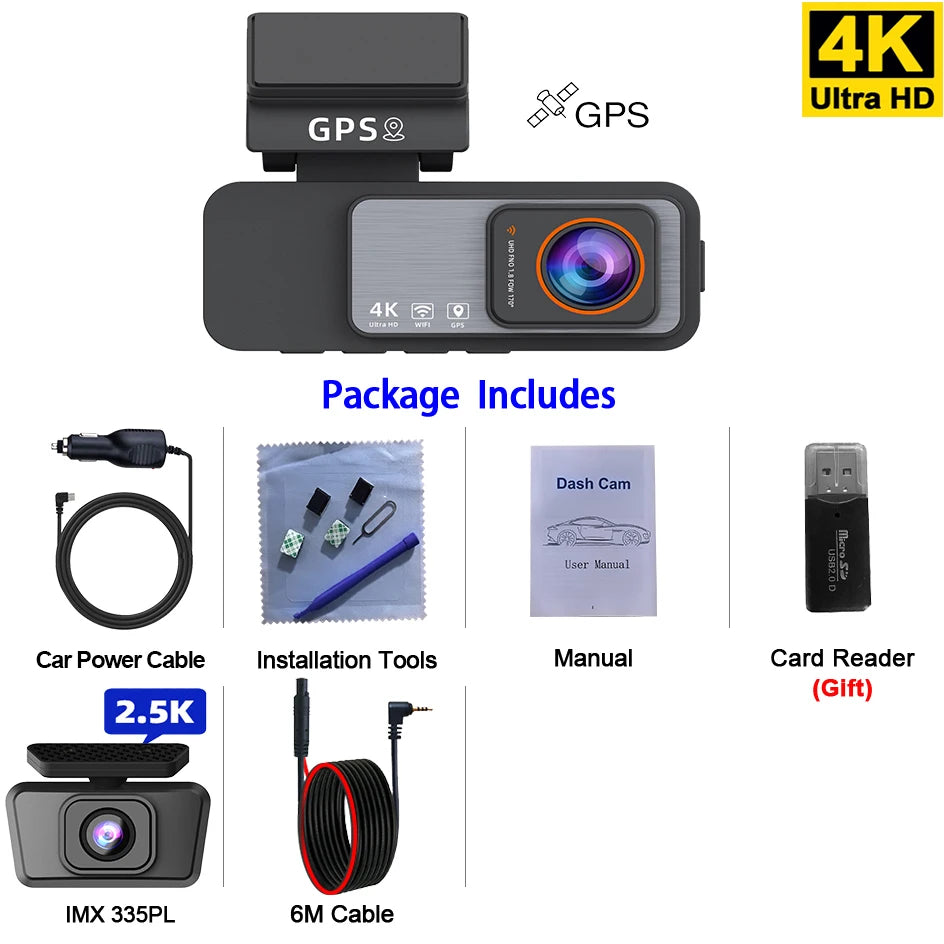 4K UHD Dash Cam with GPS & WiFi – Car DVR Camera, Night Vision, IPS Display & Loop Recording