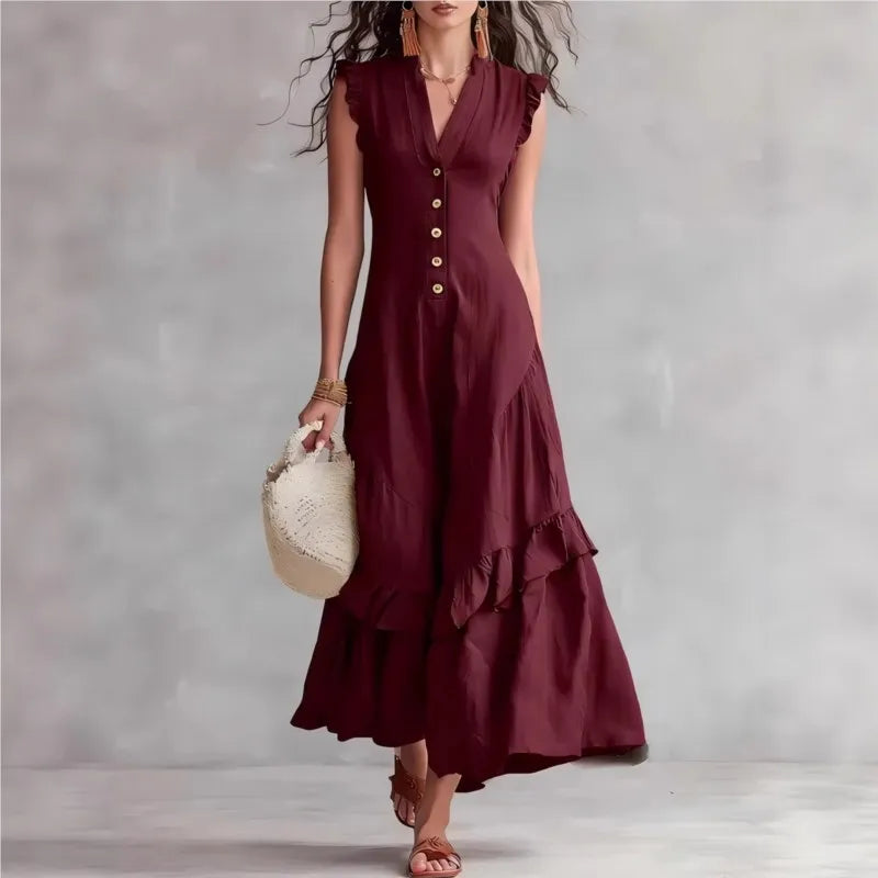 Elegant Ruffle Midi Dress – Casual Button Front Summer Dress for Women