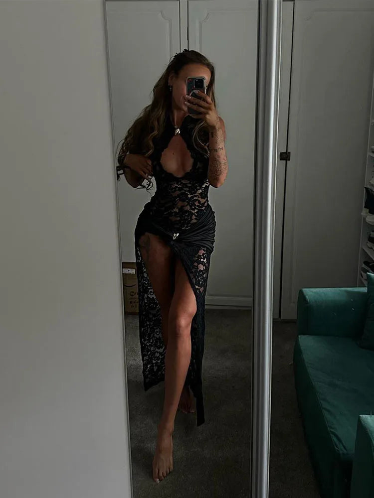 Elegant Lace Maxi Dress for Women – Sleeveless Bodycon Evening Dress