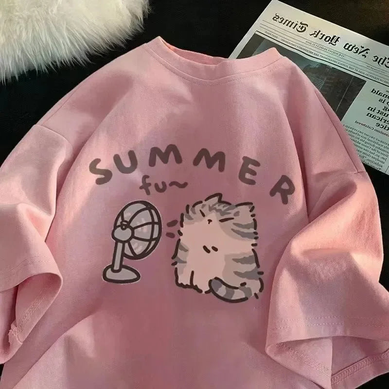 Cute Cat Graphic T-Shirt – Casual Summer Tee for Women